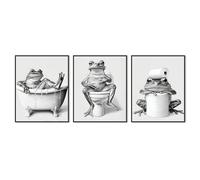 Dazzlewall Set de 3 Piezas Arte de Pared Baño Rana Divertida, Láminas de Gato Humorístico Negro y Blanco para Inodoro 20×25 cm Sin Marco
