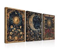 Dazzlewall Set de 3 Piezas Arte de Pared Boho Gótico Vintage, Lienzo de Tarjetas Tarot de Sol y Luna Floral Occultismo para Dormitorio 30×40 cm Enmarcado