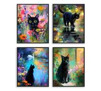 Dazzlewall Set de 4 Piezas Arte de Pared Gato Negro Linda, Láminas de Gato Negro Fantasy Floral Colorido para Dormitorio Sala 20×25 cm Sin Marco