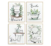 Dazzlewall Set de 4 Piezas Decoración Baño Vegetal Minimalista, Señal Relajarse, Sumergirse, Desconectar con Eucalipto para Baño 20×25 cm Sin Marco