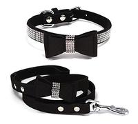 Dazzling Collar de perro con diamantes de imitación con tela suave y pajarita de cristal, collares elegantes y glamurosos para cachorros para perros pequeños con correa en color negro, talla XXL