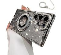 Dazzling Invisible Folding Bracket That Sparkles Phone Case Cover for Samsung, Translucent Magnetic Thick Corner Pads Phone Case (S24,Silver)