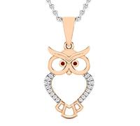 Dazzlingrock Collection Colgante redondo de diamante rojo y blanco de 0,10 quilates (quilates) para mujer, búho, pájaro, animal, 1/10 quilates (cadena de plata incluida), oro rosa de 14 quilates