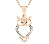 Dazzlingrock Collection Colgante redondo de diamante rojo y blanco de 0,10 quilates (quilates) para mujer, búho, pájaro, animal, 1/10 quilates (cadena de oro incluida), oro rosa de 18 quilates,