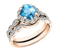 Dazzlingrock Collection Juego de anillos de compromiso con halo de amatista y diamante redondo de 14 quilates, 5,5 mm, oro rosa, talla 10, 9.5, Diamante, topacio azul, dorado, Topacio azul