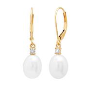Dazzlingrock Collection Pendientes colgantes de perlas de agua dulce ovaladas y diamantes blancos redondos para mujer en oro amarillo de 14 quilates