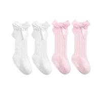 DAZZLUXE 2 pares de calcetines hasta la rodilla para bebés, calcetines infantiles con lazo, calcetines antideslizantes para niñas, calcetines mullidos con volantes, calcetines de algodón transpirables