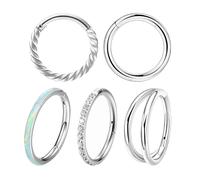 DAZZLUXE 5 unidades de anillos para la nariz, con doble bisagras, perforados con circonita, aro giratorio, multiusos, joyería para el cuerpo (plata), Acero inoxidable