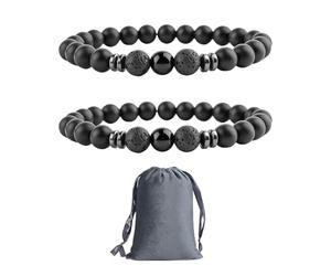 DAZZLUXE Pulseras de Perlas Negras para Hombre - 2 Pulseras de Ágata de Lava, Cuentas de 8 mm, 20 cm - Incluye Bolsa de Almacenamiento