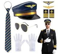 Dazzroi 7pcs Captain Pilot Costume Kit, Airline Pilot Fancy Dress Accessories Set with Aviator Hat Sunglasses Tie Shoulder Strap Badge Brooch Gloves, for Adults Teens Captain Party Cosplay Supplies