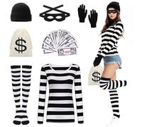 DAZZTIME Disfraz de ladrón de bancos para mujer, adulto, mujer, adulto, disfraz de Halloween para ladrones, camiseta, gorro, guantes, carnaval, fiesta temática
