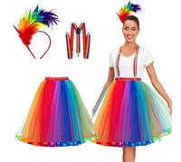 DAZZTIME Falda de Tul para Mujer, Diadema de Plumas de Colores, Arcoíris Retro 80s Tutú Con Correa para Fiestas, Carnaval, Disfraces de Halloween