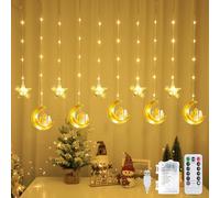 DAZZTIME Luces de Cadena de Ramadán Musulmán,100 Led Estrella Luna Cortina Luces,3 m Star Moon y Castle Ramadán Decoration Light,Ramadan String Luces,8 Tipos de Modo de Parpadeo,Decoración de Eid.