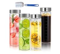 DBAATTZ Botella de Agua de Cristal, Botellas de Vidrio 500 ml Con Tapa de Acero Inoxidable, 4 Piezas Botellas de Vidrio con Escala de MedicióN, Con Cepillo de limpieza, Botella de Batido Reutilizable
