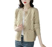DBFBDTU Cárdigan de punto casual para mujer, cuello redondo, chaqueta corta con botones de punto, caqui, L