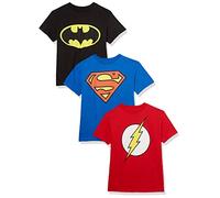 DC Comics Batman, Superman, The Flash 3 Pack Logo T-Shirt Bundle Set Camiseta, Negro, Rojo, Azul Rey, 10-12 niños Unisex