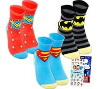 DC Comics Calcetines para niños, hombres, ropa de la Liga de la Justicia para hombre, paquete con 3 pares de calcetines de Superman y Batman para adultos, más calcomanías | Calcetines de Batman y