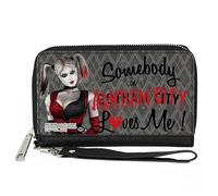 DC Comics - Cartera con cremallera alrededor, Harley Quinn Somebody In Arkham City Loves Me Grays Negro Rojo Cuero Vegano, 7.5"x4.5", Casual