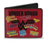 DC Comics - Cartera plegable, diseño de Wonder Woman Anniversary Logos Collage rojo multicolor, cuero vegano, 4.0" x 3.5", Casual