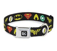 DC Comics Collar para Mascotas, Collar de Perro, Hebilla de cinturón de Seguridad de Metal, Liga de la Justicia, 6 Logotipos de superhéroes, Negro, 9.5 a 13 Pulgadas, 1.0 Pulgadas de Ancho