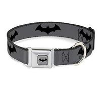 DC Comics Collar para Mascotas, Collar de Perro, Hebilla de cinturón de Seguridad de Metal, Logotipo de murciélago Retro Gris Negro, 16 a 23 Pulgadas, 1.5 Pulgadas de Ancho