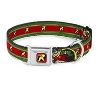 DC Comics - Collar para Mascotas, Collar de Perro, Hebilla de cinturón de Seguridad de Metal, Logotipo de Robin Action Pose a Rayas, Verde, Amarillo, Rojo, Negro, 9.5 a 13 Pulgadas, 1.0 Pulgadas de