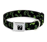 DC Comics Collar para Mascotas, Collar de Perro, Hebilla de cinturón de Seguridad de Metal, Signo de interrogación disperso Negro Verde neón, 9.5 a 13 Pulgadas, 1.0 Pulgadas de Ancho