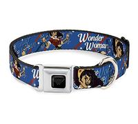 DC Comics Collar para Mascotas, Collar de Perro, Hebilla de cinturón de Seguridad de Metal, Wonder Woman Bombshell Pose Azul, Rojo y Blanco, 9.5 a 13 Pulgadas, 1.0 Pulgadas de Ancho