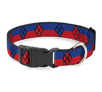 DC Comics Collar para Mascotas, Collar de Perro, Hebilla de plástico, Harley Quinn, Rayas de Diamante, Rojo y Azul, 13 a 17 Pulgadas, 1.5 Pulgadas de Ancho