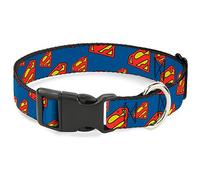 DC Comics - Collar para Mascotas, Collar de Perro, Hebilla de plástico, Super Shield Diagonal Azul Real, Rojo, 9.5 a 14.5 Pulgadas, 0.5 Pulgadas de Ancho