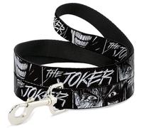 DC Comics - Correa para Mascotas, Correa para Perro, diseño de Ojos sonrientes de Joker, Negro y Blanco, 4 pies de Largo y 1.5 Pulgadas de Ancho