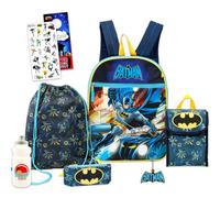 DC Comics Mochila escolar de Batman con lonchera para niños, paquete de 5 piezas con mochila de 16 pulgadas, bolsa de cincha, bolsa de almuerzo, soporte para lápices, calcomanías, más | Juego de