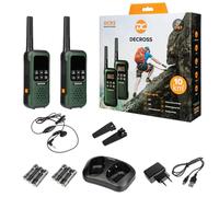 DC DECROSS 93 Walkie Talkie, Profesional hasta 10 km, Largo Alcance, Recargable, PMR446 16 Canales, VOX, Linterna, IP67, Resistente a la Intemperie, Manos Libres, Auriculares, Senderismo (2 pzs)