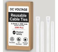 DC VOLTAGE 100 bridas de plástico reutilizables de 200 mm x 3,6 mm, bridas de nailon resistentes y liberables para el hogar, oficina, garaje y taller (3,6 x 200 mm, blanco)
