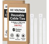 DC VOLTAGE 200 bridas de plástico reutilizables de 250 mm x 4,8 mm, ajustables de plástico resistentes y liberables de nailon para el hogar, oficina, garaje y taller (4,8 x 250 mm, blanco)