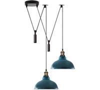 DC VOLTAGE Lámpara colgante industrial retro de 2 cabezales de metal de 29 cm con base de bombilla E27 con cable ajustable para oficina, restaurante, comedor, cocina, vestíbulo (azul cian)