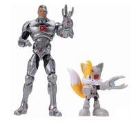 DC x Sonic - Tails como Cyborg, Multipack de Figuras de acción, Licencia Oficial Jakks Pacific, Incluye Tails 6 cm como Cyborg y clásico 13 cm, Coleccionables Sonic x DC