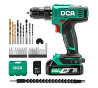 DCA Taladro atornillador inalámbrico, par de 40 Nm, portabrocas automático de 10 mm, taladro eléctrico con batería de 2,0Ah y cargador, 18+1 posiciones, kit de taladro 20V de 25 piezas, ADJZ2035