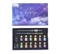 Dcaknri Bolígrafos de cristal degradado con juego de regalo con 12 tintas de polvo doradas, soporte para bolígrafos de limpieza para escritores, artistas, estudiantes, niños