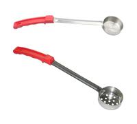 Dcaknri Paquete de 2 cucharas multiusos para salsa y sopa con mango de goma producidas para aplicaciones de fácil manejo y limpieza, cucharas de control de porciones de acero inoxidable