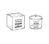 Dcasa Salero y Azucarero Cocina Juego Acrílico Transparente - Azucarero con Cuchara y Tapa + Salero Cuadrado, Accesorios Cocina Decorativos con Frases Originales