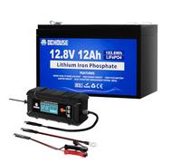 DCHOUSE 12V 12Ah LiFePO4 Batería de litio con Cargador de batería de 5A con 15A BMS, 10 años de vida útil, 10000+ ciclos, para Marina, Ride on Toy, Trolling Motor Fish Finder, Kayak, Power Wheels,UPS
