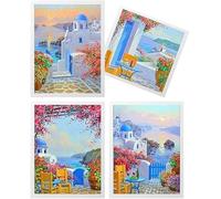 DCIDBEI 30x30/40CM 4 Pack Diamond Painting Paisaje Mar, 5D Redondo Pintura Diamante Pueblo Costero, Punto de Cruz Diamante Santorini, Perfecta para la Decoración de la Pared de la Casa