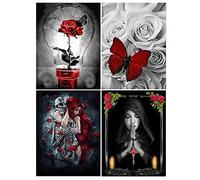DCIDBEI 30x40CM 4 Kit de Pintura deDiamante Redondo 5D, Ccuadros Pintura por Número Rosa terna, DIY Diamond Painting Monja, decoración de pared en casa|| Pareja Calavera