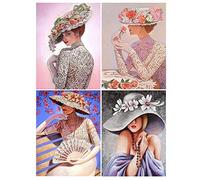 DCIDBEI 30x40CM 4 Piezas Cuadros Diamantes 5d Redondo 5D, Diamond Painting Mujer Noble,Bordado Diamante Vintage, Kit de Pintura Diamante || Decoración De Pared||Dama con Sombrero