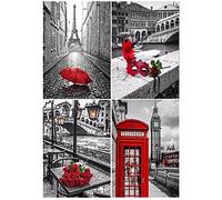 DCIDBEI 4 Pack kit Diamantes Paisaje 30x40cm Pintura Diamante Torre Eiffel Diamond Painting London Bus Painting Máscara Veneciana Punto de Cruz Puente Rialto Cuadros Diamantes Tono Rojo Blanco y Negro