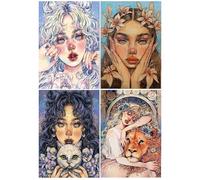 DCIDBEI 4 Pack Retrato de mujer Pintura de Diamantes 30x40 cm Bordado Punto de Cruz para Adultos Punto Diamante Mujer Pcuadro Diamantes 5D Mujer y León Diamond Painting Mujer Purpurina y Gato