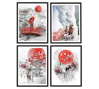 DCIDBEI 40x30CM DIY 4 Lot Diamond Painting Paisaje Japonés, 5D Pintura Diamante Paisaje Rojo, Redondo Punto Diamante Geisha, Perfecto para la Decoración de la Pared de la Casa