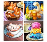 DCIDBEI Diamond Painting Pan Anime 4 Pack 30x30 cm Diamond Painting Frutas Dinosaurio Diamond Painting Café y Pan Conejo Pintura Diamante Macaron Tortuga Café Perro Niños kits Punto Diamante Cocina