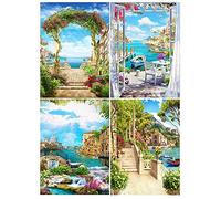 DCIDBEI Juego de 4 Cuadro Diamante Ventana 40x50 cm Cuadros Manualidades 5D Paisajes de Mar Cuadros con Paisajes Marineros y Barcos Pintura de Diamante Paisajes Mar Kit Completo Punto Diamante Playa